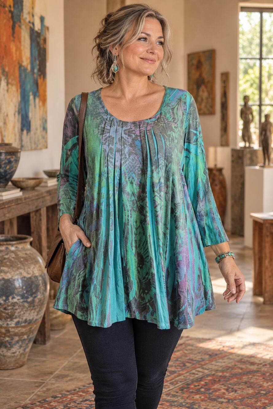 Turquoise Abstract Pleated Tunic Top XL Made USA Artsy Boho Lagenlook Draped